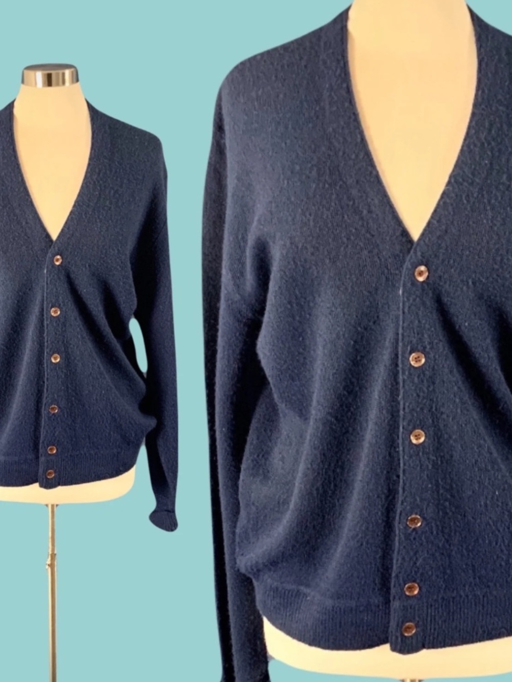 Vintage 1970s-1980s Jantzen Blue Cardigan Sweater Size Large Made USA